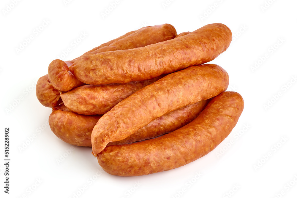 Smoked german bratwurst sausages, isolated on white background.