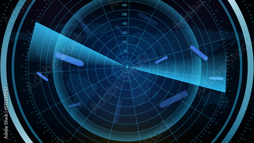 abstract background of futuristic technology screen scan radar shipping cargo ship route path with scan interface hud