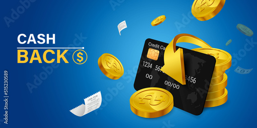 Cash back, money saving vector concept with dollar coins, wallet, arrows, credit card.Guarantee bonus program finance sticker. Online shopping, cash back sale offer emblem,Cash back service, financial