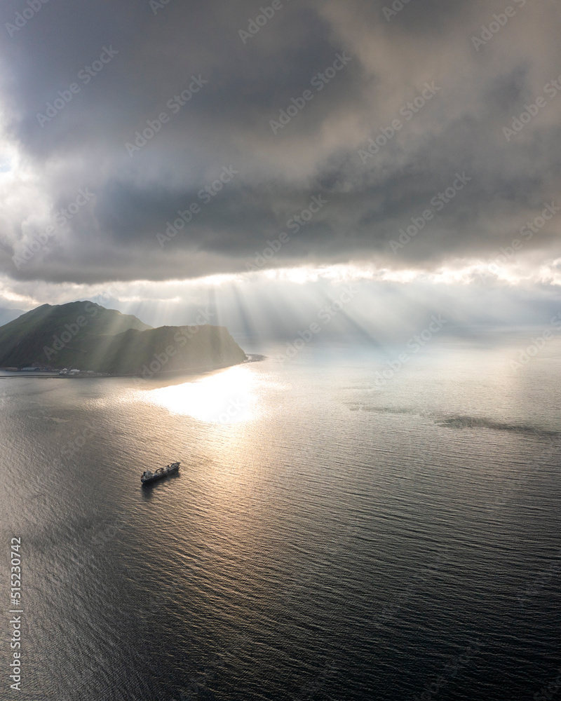 Aerial view of boats sailing the Summer Bay, Unalaska island, Alaska, United States. Aerial view of boats sailing the Summer Bay, Unalaska island, Alaska, United States.