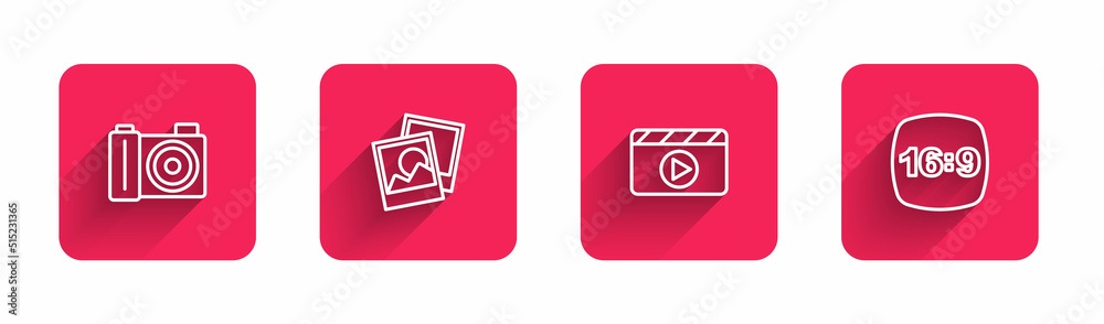Set line Photo camera, frame, Movie clapper and 16 with long shadow. Red square button. Vector Set line Photo camera, frame, Movie clapper and 16 with long shadow. Red square button. Vector