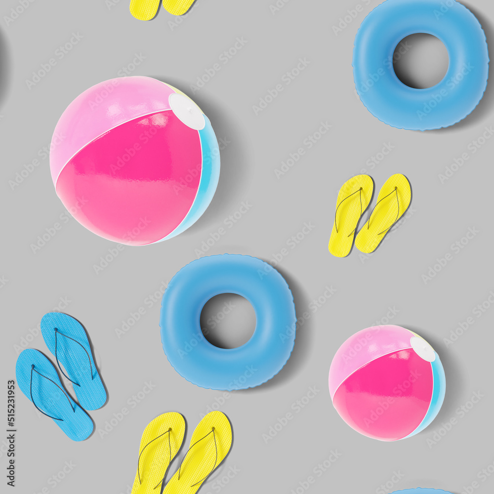 Seamless pattern with beach accessories on grey background. Colorful summer background, texture. Top view. Eye-catching design. 3d rendering. Seamless pattern with beach accessories on grey background. Colorful summer background, texture. Top view. Eye-catching design. 3d rendering.