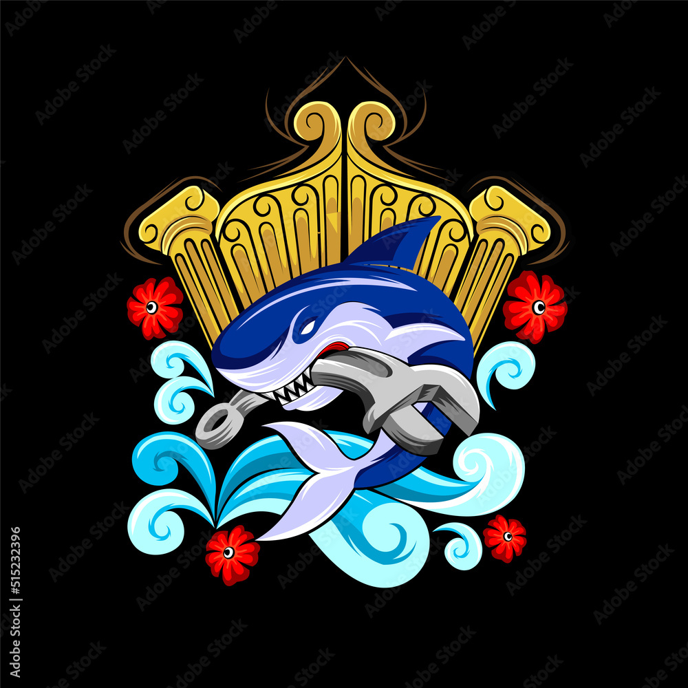 shark mascot logo with royal gate concept