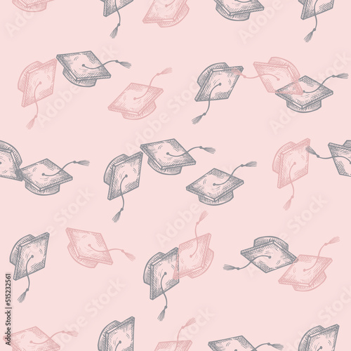 Graduate hats engraved seamless pattern. Vintage element education in hand drawn style.