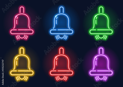 Neon sign. Set of neon bells. Glowing lines on a dark background.