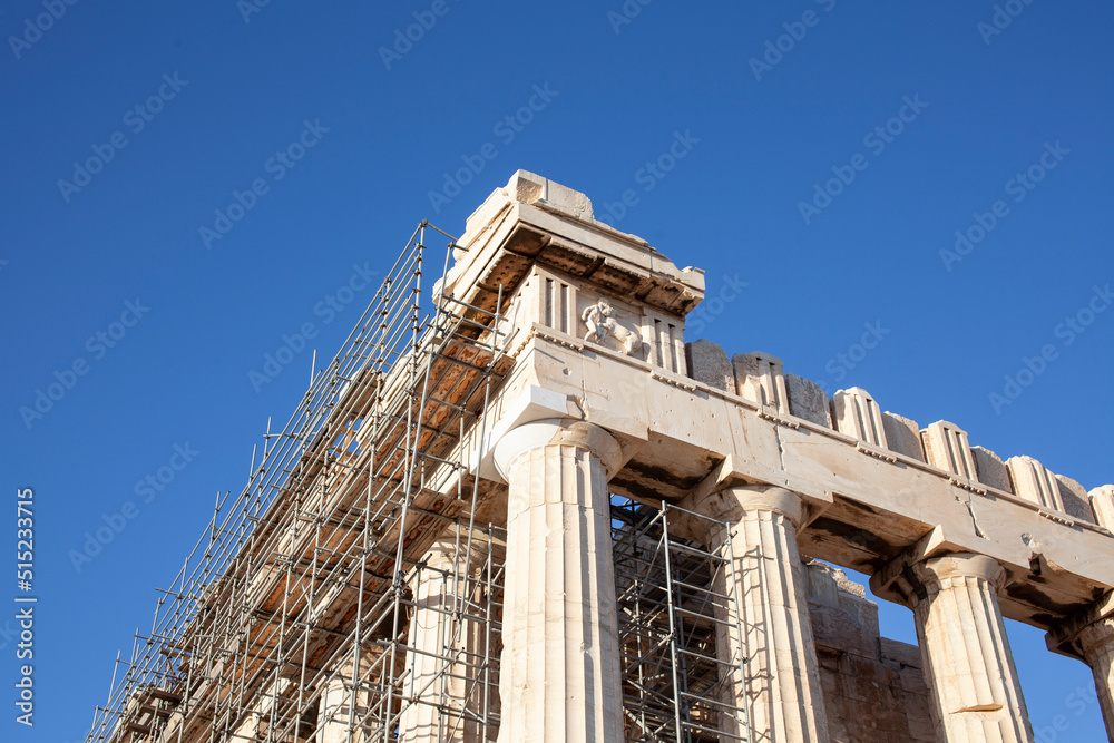 view on parthenone athens from small real parts, reconstruction in process