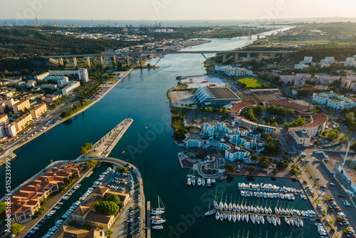 Aerial view of Caronte canal in Martigues near the harbour at sunset, Martigues, Provence, France.