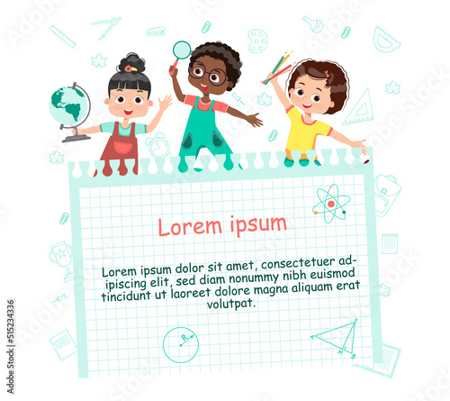 Group of pupils jumping together, holding pencils, globe. Vector illustration. Advertising flyer, booklet, brochure. Flat design.