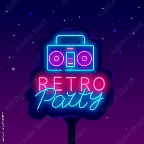 Retro party neon advertising. Street billboard. Music player. Vintage shiny sign. Vector stock illustration