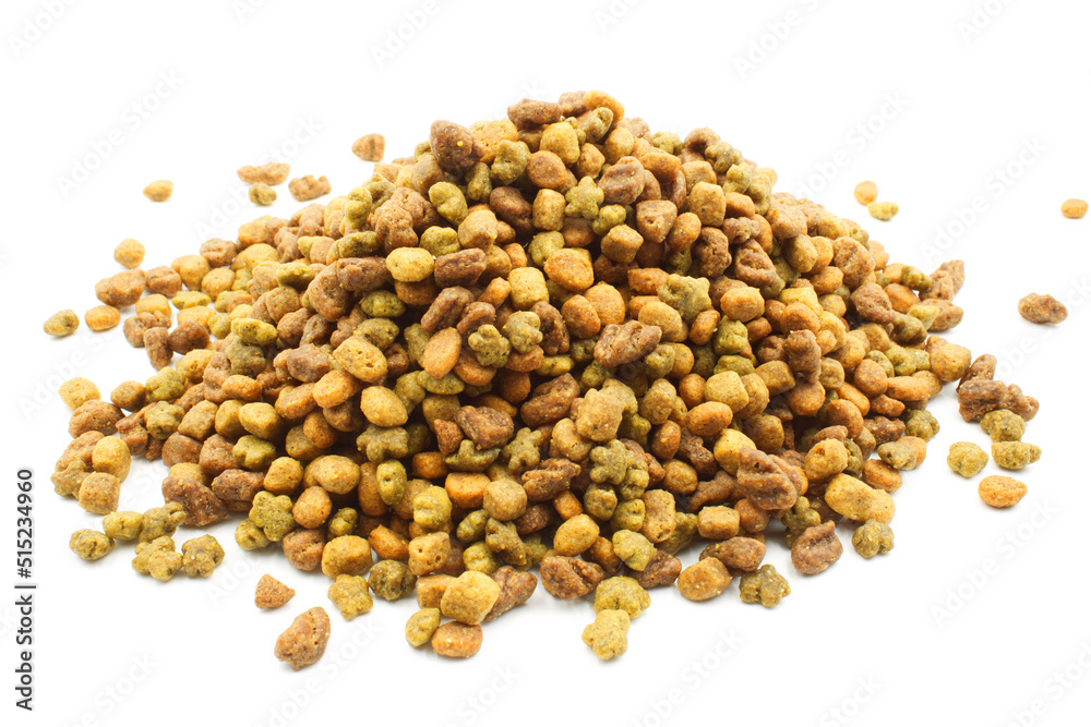 Dog food, kibble on a white background Dog food, kibble on a white background