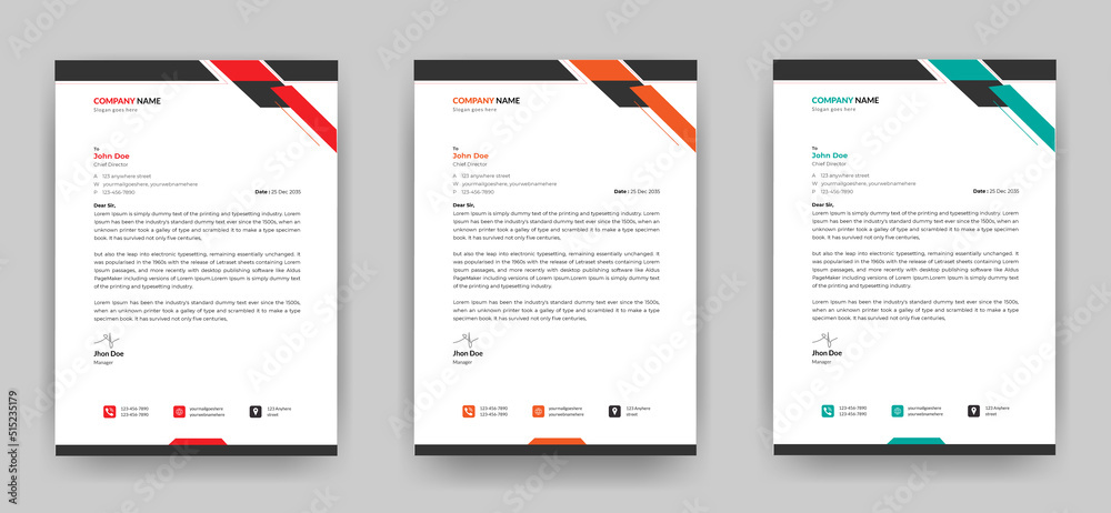 Professional creative letterhead template design for your business with three color variations
