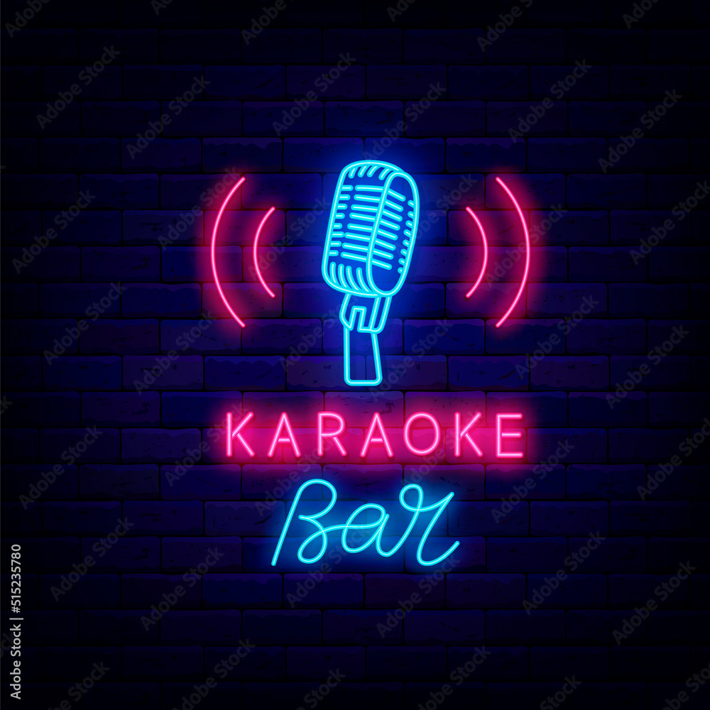 Karaoke bar neon label. Blue microphone icon. Talent show. Light sign