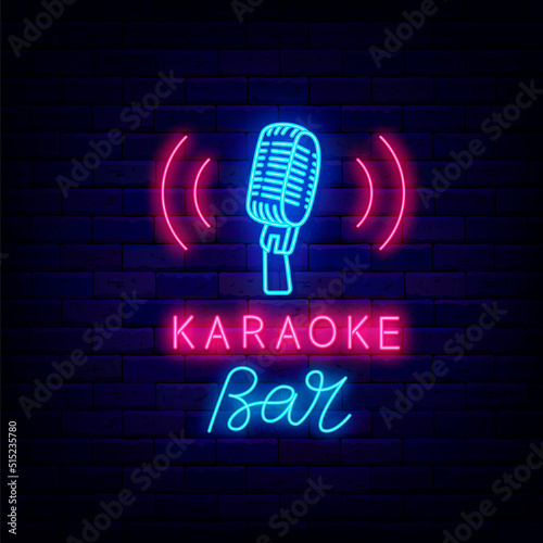 Karaoke bar neon label. Blue microphone icon. Talent show. Light sign. Night club logo. Vector stock illustration