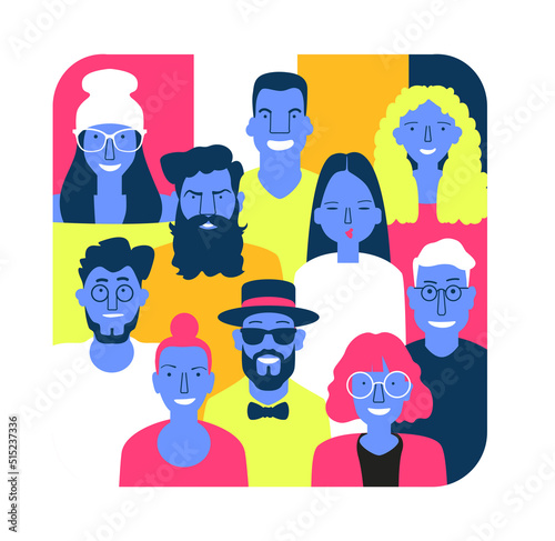 Group of people of different nationalities and cultures. People background. The crowd of abstract people. Shoulders avatars. Bright people portraits set.