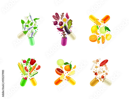 Vitamins and supplements set. Open capsules with fruit and vegetables vector illustration
