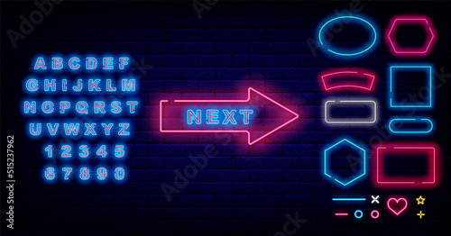 Next arrow neon signboard. Frames collection. Shiny pink alphabet. Nightlife promotion template. Vector illustration