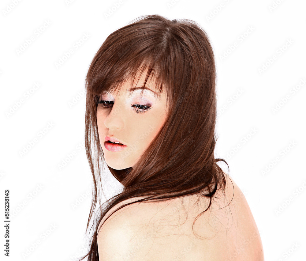 closeup.face of young woman on white background. closeup.face of young woman on white background.