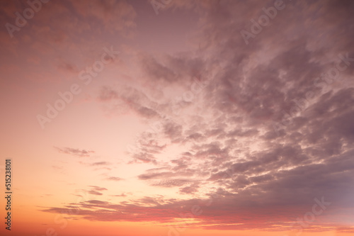 Copyspace of a dark moody sky at twilight with nimbus clouds. Scenic panoramic view of a dramatic cloudscape and thunderous background at sunrise or sunset. Climate of earth in natural environment