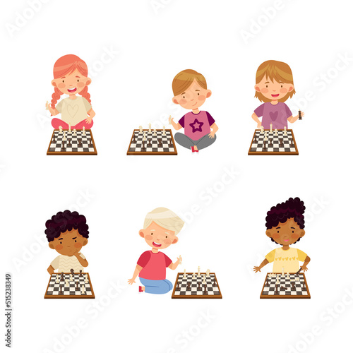 Kids playing chess set. Little children thinking over chessboard vector illustration