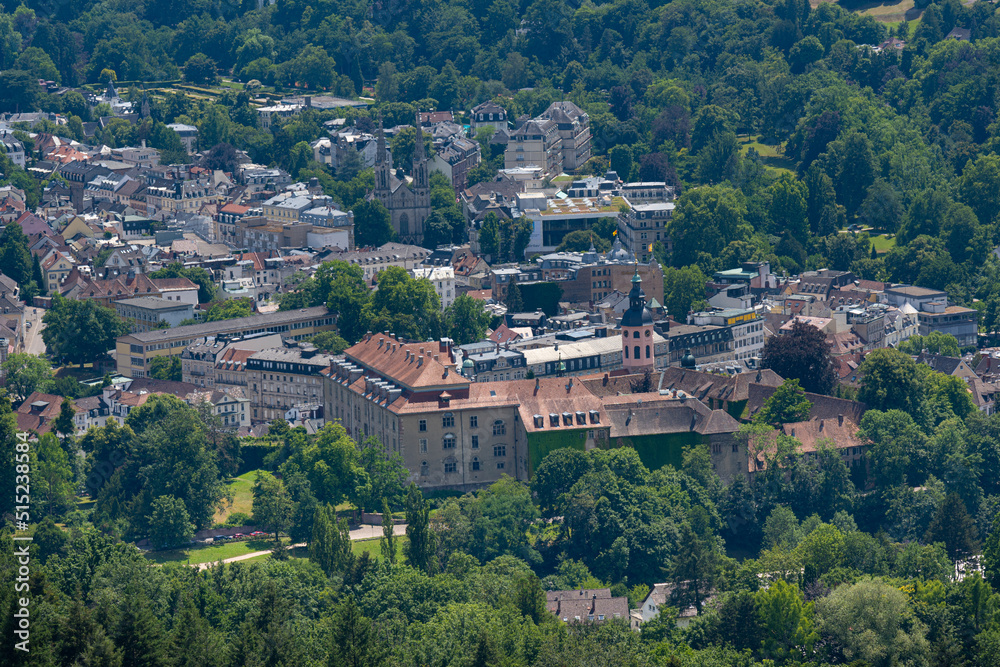 View of the spa town of Baden Baden and the Black Forest. Seen from the old castle Hohenbaden. Baden Wuerttemberg, Germany, Europe