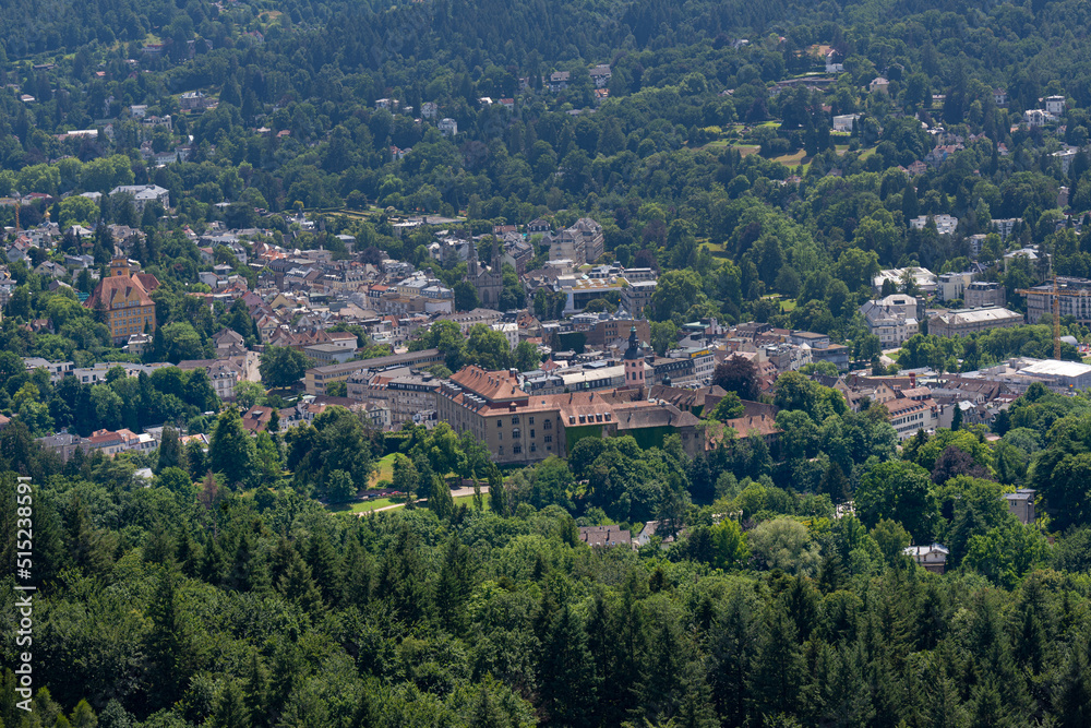 View of the spa town of Baden Baden and the Black Forest. Seen from the old castle Hohenbaden. Baden Wuerttemberg, Germany, Europe