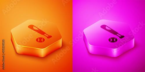 Isometric Baseball bat with ball icon isolated on orange and pink background. Hexagon button. Vector
