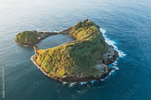 Aerial view of the small, volcanic island Vila Franco do Compa at sunrise, Sao Miguel, Azores, Portugal.