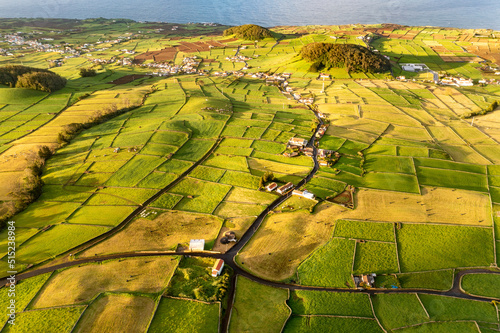 Aerial view of the volcanic island Terceira with fields and houses, Azores, Portugal. photo