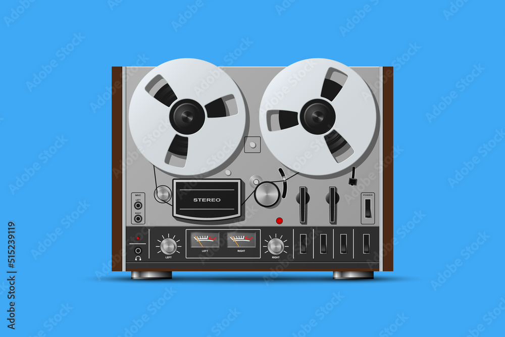 Vintage reel to reel tape recorder realistic vector illustration isolated on blue background.