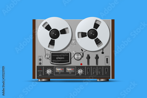 Vintage reel to reel tape recorder realistic vector illustration isolated on blue background.