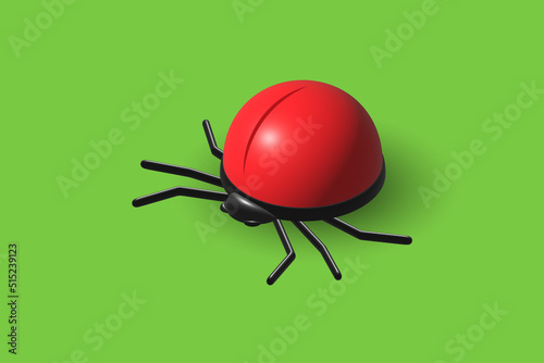3d red bug vector icon isolated on green background.