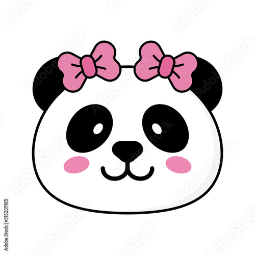 Cute panda girl face with two bows on a white background