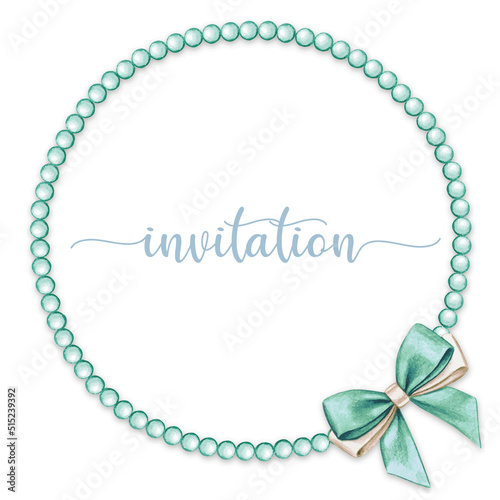 Watercolor hand drawn elegant pearl frame with bow