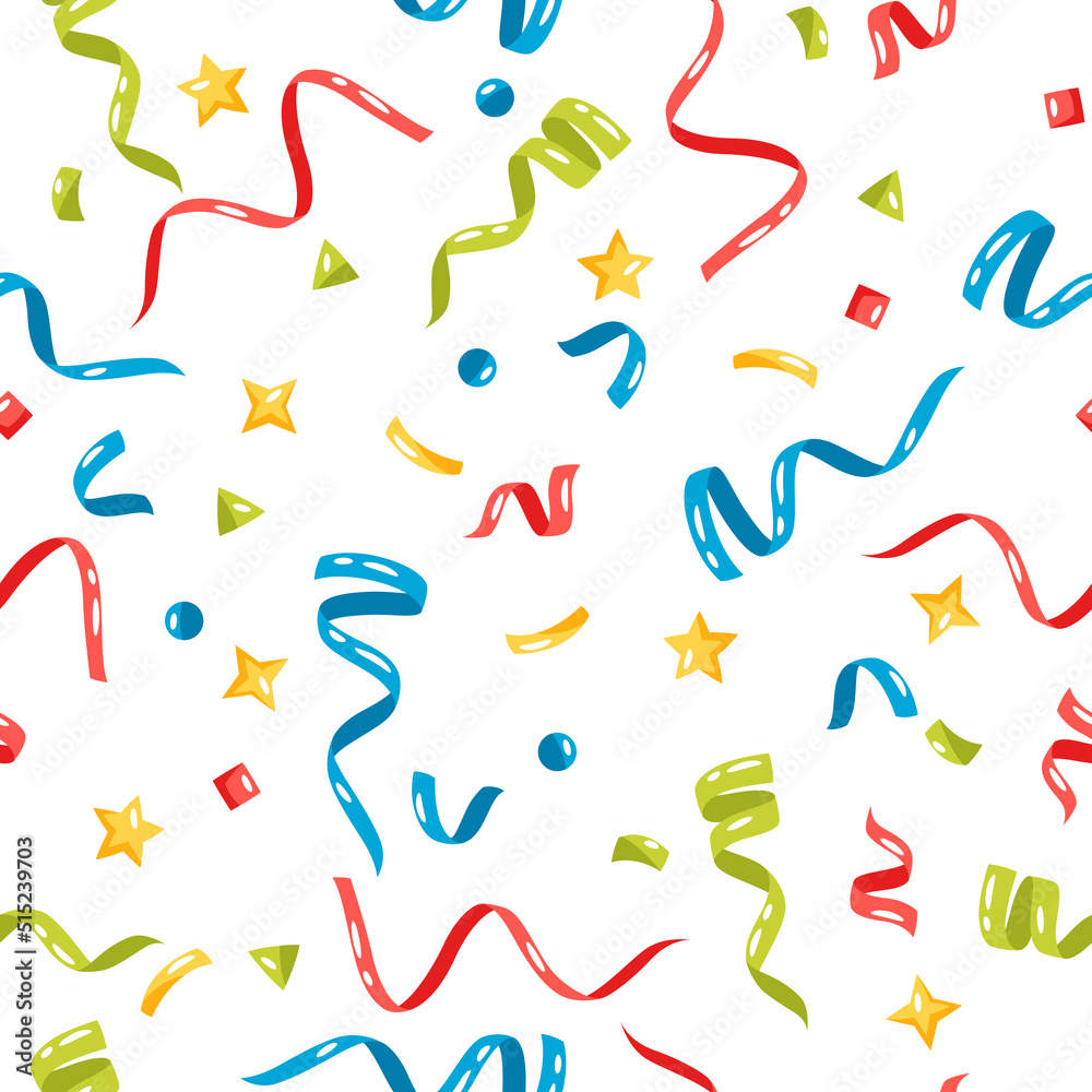 Seamless pattern with color confetti and streamers. Decoration for celebration.