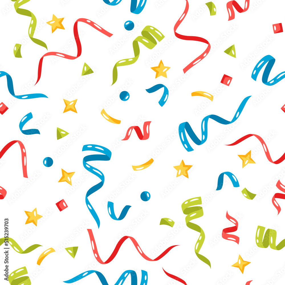 Fototapeta premium Seamless pattern with color confetti and streamers. Decoration for celebration.