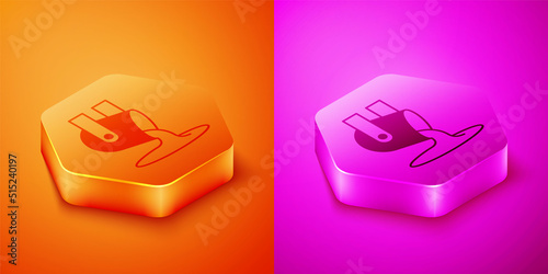 Isometric Molten gold being poured icon isolated on orange and pink background. Molten metal poured from ladle. Hexagon button. Vector