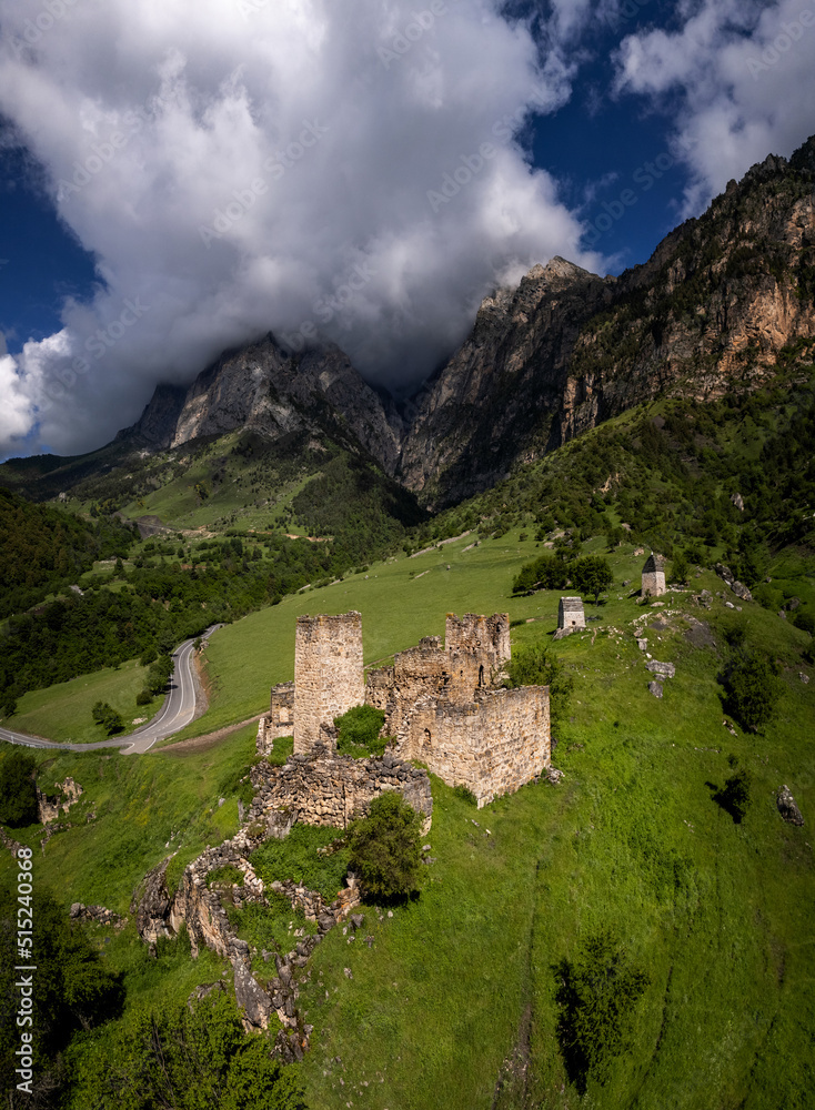 Ancient towers of the Dzheyrakh gorge in summer