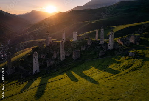 Ancient towers of the Dzheyrakh gorge in summer