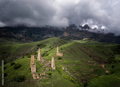 Ancient towers of the Dzheyrakh gorge in summer