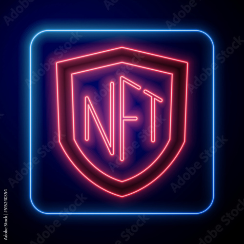 Glowing neon NFT shield icon isolated on black background. Non fungible token. Digital crypto art concept. Vector