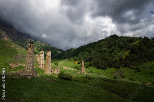 Ancient towers of the Dzheyrakh gorge in summer