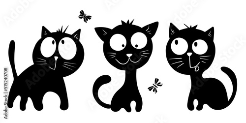 Three cute black cats and butterfly on white background