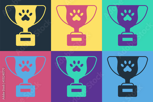 Pop art Pet award symbol icon isolated on color background. Medal with dog footprint as pets exhibition winner concept. Vector
