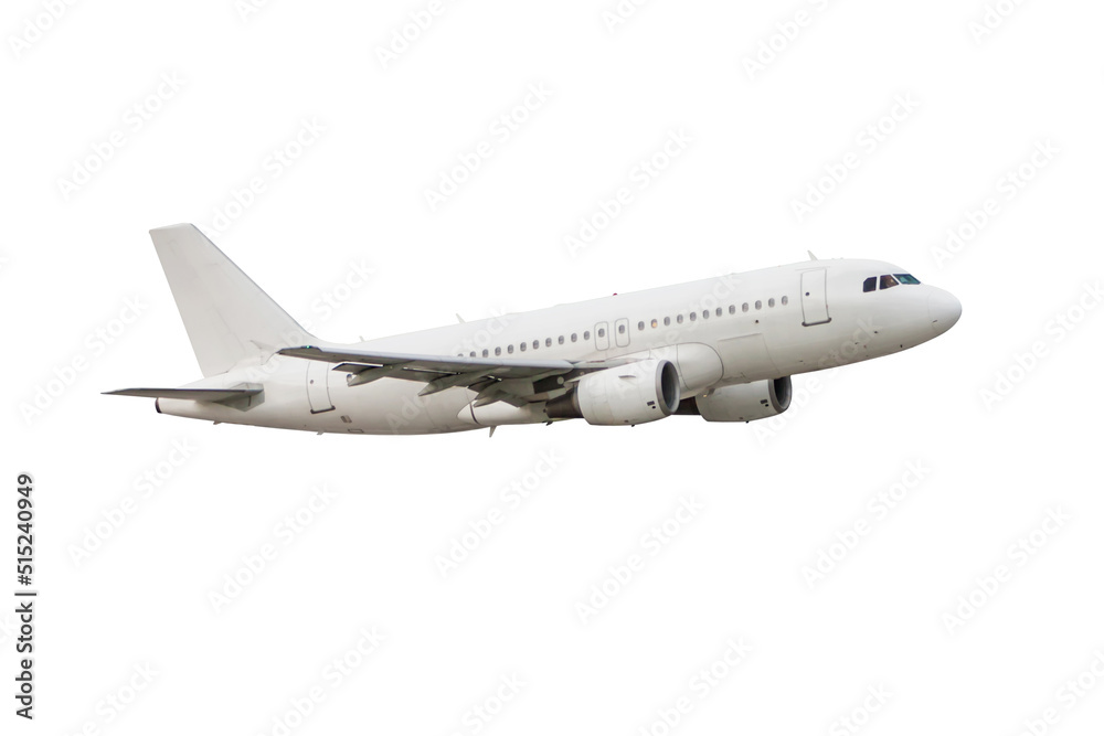 Passenger aircraft flying isolated on white background