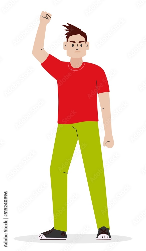 Man with clenched fist. Male Activist at strike. Flat graphic vector illustration isolated on white background