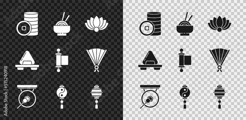 Set Chinese Yuan currency, Asian noodles bowl, Lotus flower, Gong, Yin Yang, paper lantern, Sushi cutting board and Decree, paper, parchment, scroll icon. Vector photo