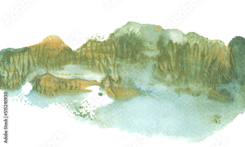 Abstract watercolor and acrylic flow blot smear painting landscape. Color canvas monotype texture horizontal background.