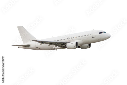 Passenger aircraft flying isolated on white background