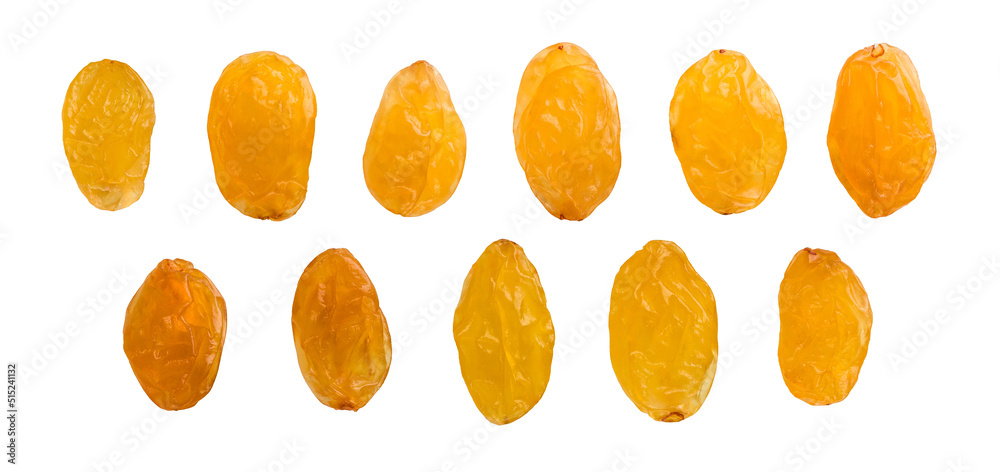 set  of golden raisins macro, isolated on white background