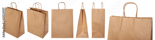 Layout of a brown paper bag with handles, insulated on a white background, shot in different angles.